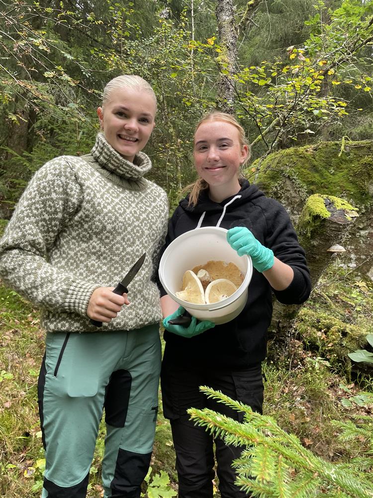 Elever viser frem en halvfull bøtte med selvplukket sopp.foto - Klikk for stort bilde